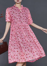 Load image into Gallery viewer, French Pink Ruffled Print Tasseled Chiffon Dress Summer