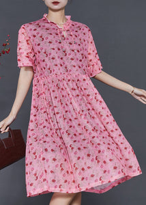 French Pink Ruffled Print Tasseled Chiffon Dress Summer