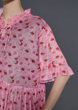 Load image into Gallery viewer, French Pink Ruffled Print Tasseled Chiffon Dress Summer