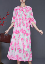 Load image into Gallery viewer, French Pink Ruffled Print Wrinkled Chiffon Long Dress Summer