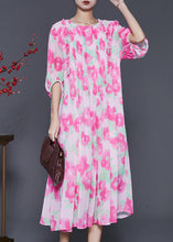 Load image into Gallery viewer, French Pink Ruffled Print Wrinkled Chiffon Long Dress Summer