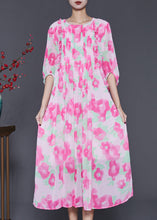 Load image into Gallery viewer, French Pink Ruffled Print Wrinkled Chiffon Long Dress Summer