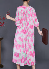 Load image into Gallery viewer, French Pink Ruffled Print Wrinkled Chiffon Long Dress Summer