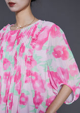 Load image into Gallery viewer, French Pink Ruffled Print Wrinkled Chiffon Long Dress Summer