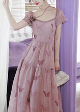 Load image into Gallery viewer, French Pink Square Collar Butterfly Print Chiffon Dress Summer