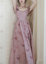 Load image into Gallery viewer, French Pink Square Collar Butterfly Print Chiffon Dress Summer