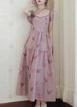 Load image into Gallery viewer, French Pink Square Collar Butterfly Print Chiffon Dress Summer