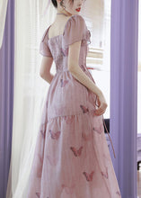 Load image into Gallery viewer, French Pink Square Collar Butterfly Print Chiffon Dress Summer