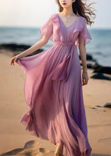 Load image into Gallery viewer, French Pink Tie Waist Patchwork Chiffon Dresses Butterfly Sleeve