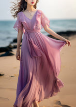 Load image into Gallery viewer, French Pink Tie Waist Patchwork Chiffon Dresses Butterfly Sleeve