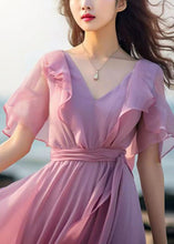 Load image into Gallery viewer, French Pink Tie Waist Patchwork Chiffon Dresses Butterfly Sleeve