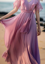 Load image into Gallery viewer, French Pink Tie Waist Patchwork Chiffon Dresses Butterfly Sleeve