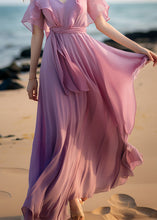 Load image into Gallery viewer, French Pink Tie Waist Patchwork Chiffon Dresses Butterfly Sleeve