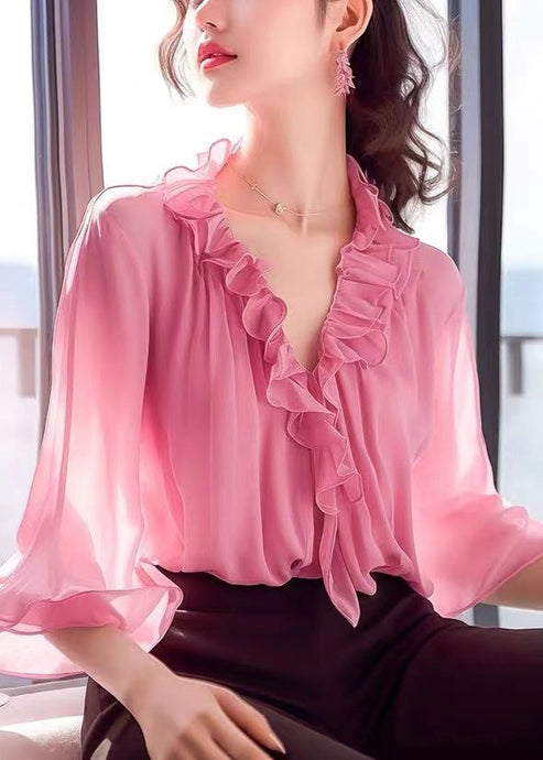 French Pink V Neck Ruffled Chiffon Blouses Bracelet Sleeve