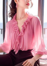 Load image into Gallery viewer, French Pink V Neck Ruffled Chiffon Blouses Bracelet Sleeve