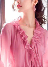 Load image into Gallery viewer, French Pink V Neck Ruffled Chiffon Blouses Bracelet Sleeve