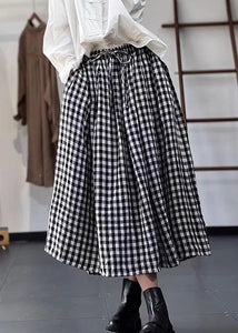 French Plaid Lace Up Elastic Waist Cotton Skirts Fall