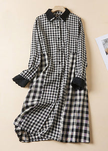 French Plaid Peter Pan Collar Button Linen Shirts Dress Long Sleeve