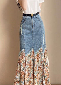 French Print Patchwork Button Denim Maxi Skirts Summer