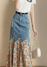 Load image into Gallery viewer, French Print Patchwork Button Denim Maxi Skirts Summer