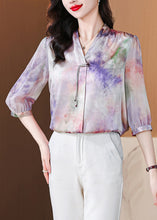 Load image into Gallery viewer, French Purple Button Print Silk Blouse Bracelet Sleeve