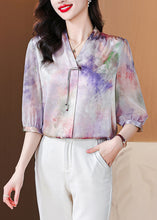 Load image into Gallery viewer, French Purple Button Print Silk Blouse Bracelet Sleeve