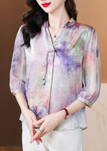 Load image into Gallery viewer, French Purple Button Print Silk Blouse Bracelet Sleeve