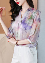 Load image into Gallery viewer, French Purple Button Print Silk Blouse Bracelet Sleeve