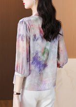 Load image into Gallery viewer, French Purple Button Print Silk Blouse Bracelet Sleeve