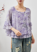 Load image into Gallery viewer, French Purple Embroidered Tie Dye Chiffon Shirts Flare Sleeve