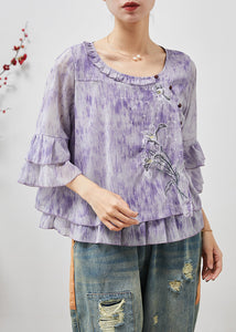 French Purple Embroidered Tie Dye Chiffon Shirts Flare Sleeve