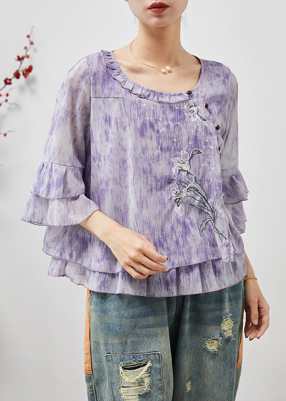 French Purple Embroidered Tie Dye Chiffon Shirts Flare Sleeve