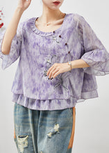 Load image into Gallery viewer, French Purple Embroidered Tie Dye Chiffon Shirts Flare Sleeve