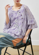 Load image into Gallery viewer, French Purple Embroidered Tie Dye Chiffon Shirts Flare Sleeve