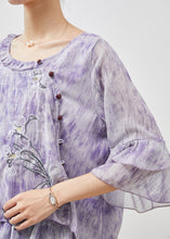 Load image into Gallery viewer, French Purple Embroidered Tie Dye Chiffon Shirts Flare Sleeve