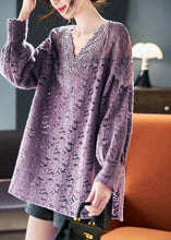 Load image into Gallery viewer, French Purple Hollow Out Patchwork Lace Shirt Spring