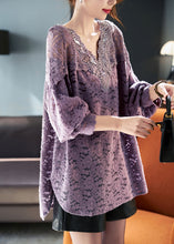 Load image into Gallery viewer, French Purple Hollow Out Patchwork Lace Shirt Spring