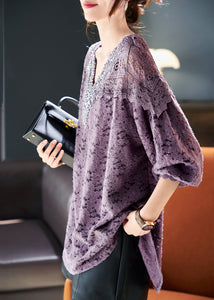 French Purple Hollow Out Patchwork Lace Shirt Spring