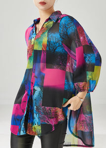 French Purple Oversized Print Chiffon Shirt Tops Spring