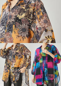 French Purple Oversized Print Chiffon Shirt Tops Spring