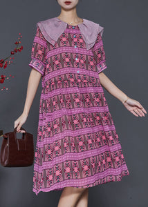 French Purple Peter Pan Collar Print Chiffon Dress Summer