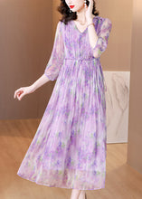 Load image into Gallery viewer, French Purple V Neck Ruffled Print Silk Dresses Summer