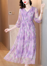 Load image into Gallery viewer, French Purple V Neck Ruffled Print Silk Dresses Summer