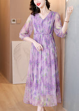 Load image into Gallery viewer, French Purple V Neck Ruffled Print Silk Dresses Summer