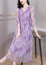 Load image into Gallery viewer, French Purple V Neck Ruffled Print Silk Dresses Summer