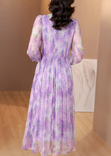 Load image into Gallery viewer, French Purple V Neck Ruffled Print Silk Dresses Summer