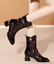 Load image into Gallery viewer, French Red Boots Zippered Splicing Cowhide Leather Chunky Ankle Boots