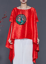 Load image into Gallery viewer, French Red Embroidered Asymmetrical Design Silk Tops Smock Summer