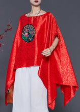 Load image into Gallery viewer, French Red Embroidered Asymmetrical Design Silk Tops Smock Summer