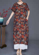 Load image into Gallery viewer, French Red Floral Patchwork Linen Straight Dress Summer